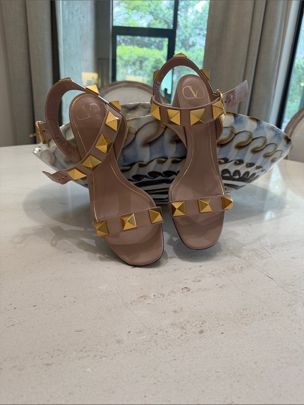 Valentino Nude Leather Rockstud T-Strap Sandals with Gold Studs